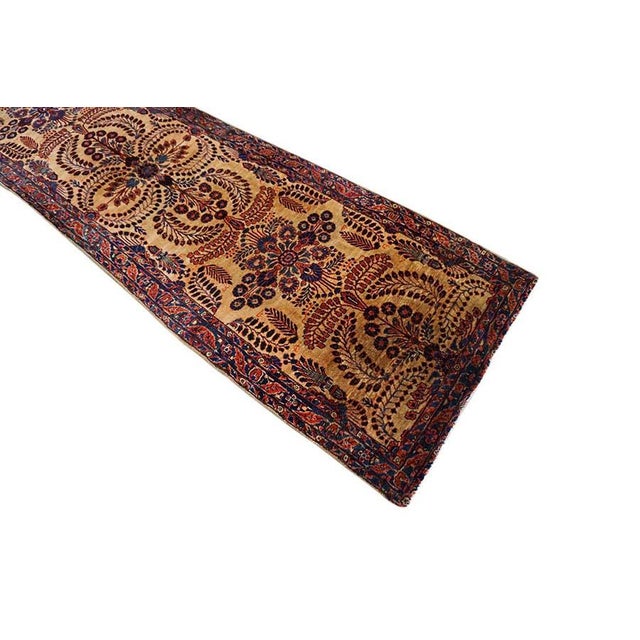Tan Warm Tan Color Field With Red and Blue Floral Motifs Antique Persian Sarouk Hallway Runner Rug For Sale - Image 8 of 10