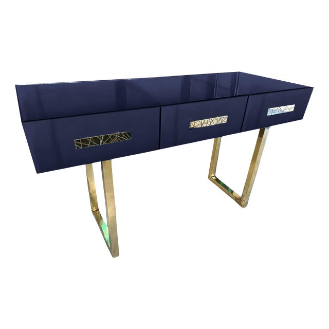 Blue Console Table in Brass and Mirrored Murano Glass from Justfurnituress SRL For Sale