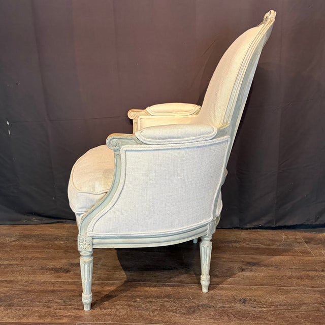 Antique French Louis XVI Carved and Painted Bergère Armchairs -a Pair For Sale - Image 10 of 12