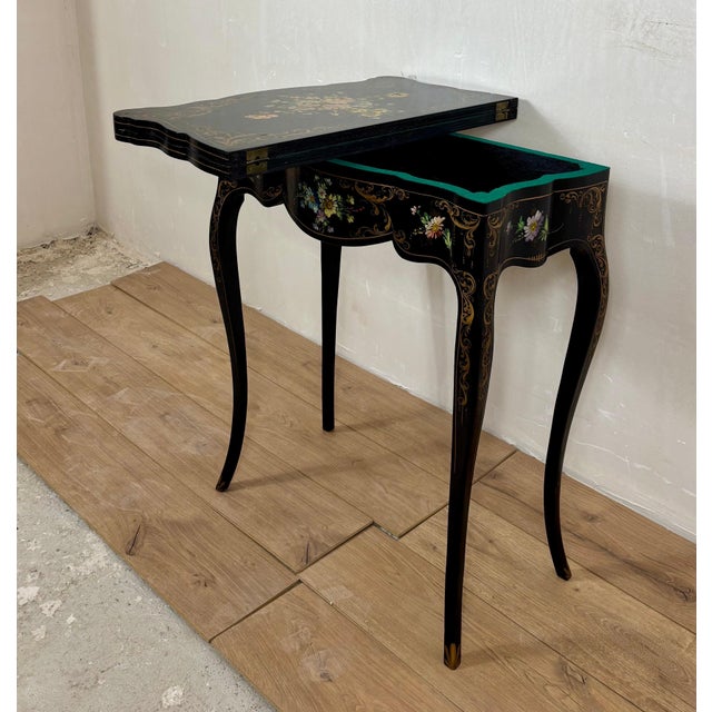Black Chinese Black Lacquer Games Table with Hand-Painted Floral Decoration For Sale - Image 8 of 18