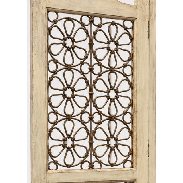 A Vintage Distressed White Three-Panel Asian Folding Screen With Floral Metal Inserts. For Sale - Image 4 of 5