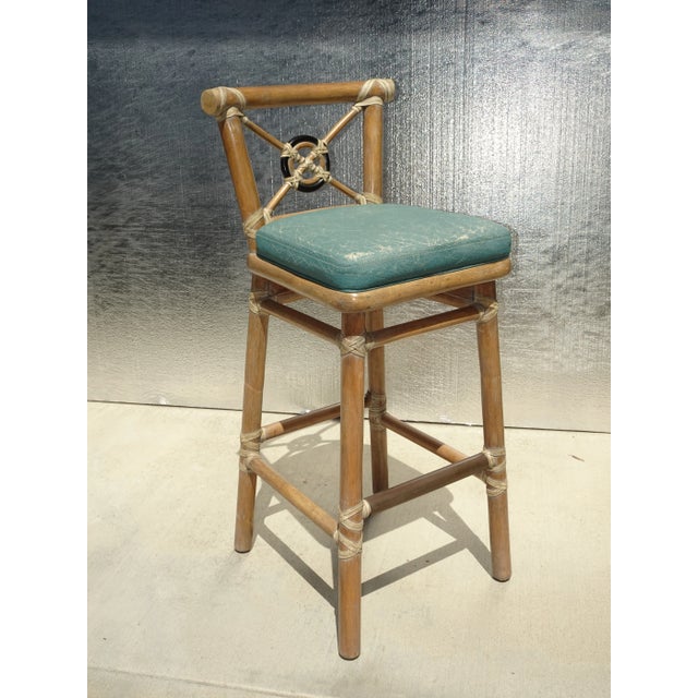 McGuire Pair Vintage McGuire Target Back Bamboo Barstools W Leather Straps & Brass Footrests For Sale - Image 4 of 12