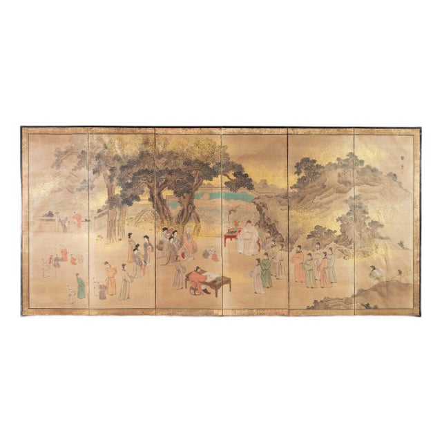 19th C. Japanese Edo Six Panel Screen Chinese Official's Gathering For Sale