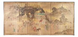 19th C. Japanese Edo Six Panel Screen Chinese Official's Gathering