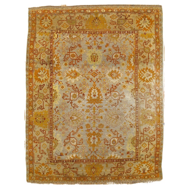 Antique Oushak Carpet, Handmade Oriental Rug, Soft Saffron Light Gray Light Blue For Sale - Image 18 of 18