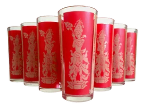 Vintage Mid Century Modern Thai Goddess Lakshmi Tall Red Tumbler Glasses - Set of 7