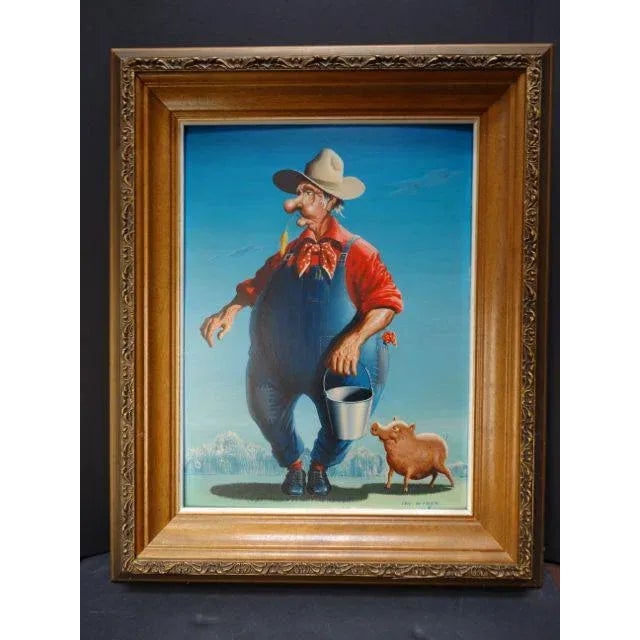Vintage Mid-Century Irv Wyner the Farmer and His Pig Buddy Painting For Sale In Los Angeles - Image 6 of 6