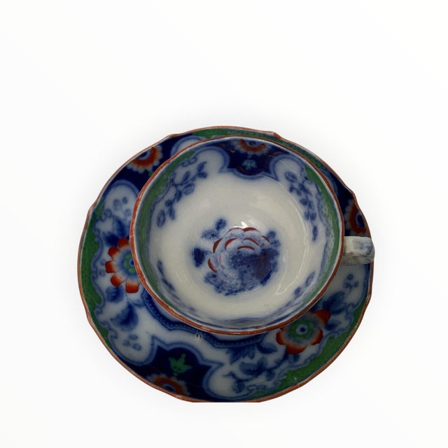 Antique F. &amp; R. Pratt &amp; Co. Imari Tea Cups &amp; Saucers Set of 4 Pattern No. 60 Made in England c. 1840s–1850s....