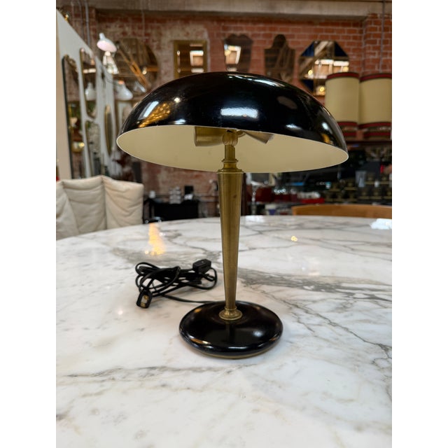 1960s Vintage Black Dome Table Lamp With Brass Stem 1950s For Sale - Image 5 of 8