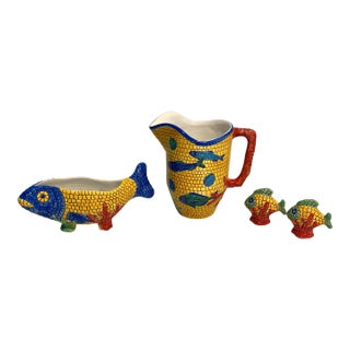 Mid 20th Century Mid Century Modern Italian Vietri Retired Nettuno Mosaic Coral and Fish Decorative Dining Accessories - A 4 Piece Set For Sale