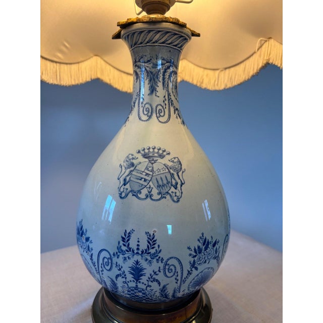 Metal Lamp in Blue Earthenware with Bronze Tripod Base and Passementerie Lampshade, 19th Century For Sale - Image 7 of 10