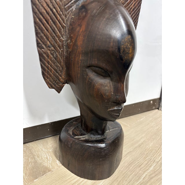 Ebony Mid 20th Century Carved African Female Bust | Ebony Hardwood Sculpture | 26” Tall Modernist Figurative Art For Sale - Image 8 of 14