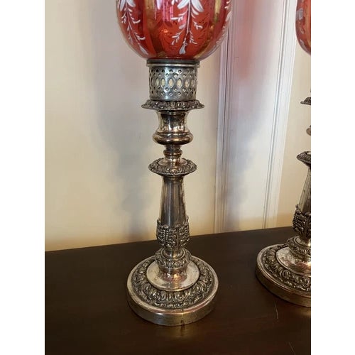 Victorian Pair of Antique Silver Plate Candle Holders With Red Glass Mary Gregory Hurricanes For Sale - Image 3 of 12
