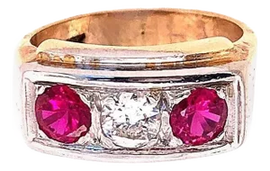 14 Karat Yellow and White Gold Three-Stone Diamond and Ruby Band Ring