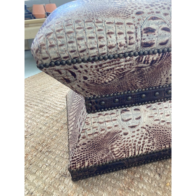 Brown Faux Crocodile Custom Ottoman With Nailheads Brown and Off White For Sale - Image 8 of 10