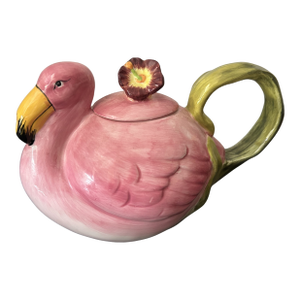 Vintage 1980s Flamingo Teapot – Trompe L’Oeil Majolica-Style Hand-Painted Ceramic Pink Flamingo Tea Pot