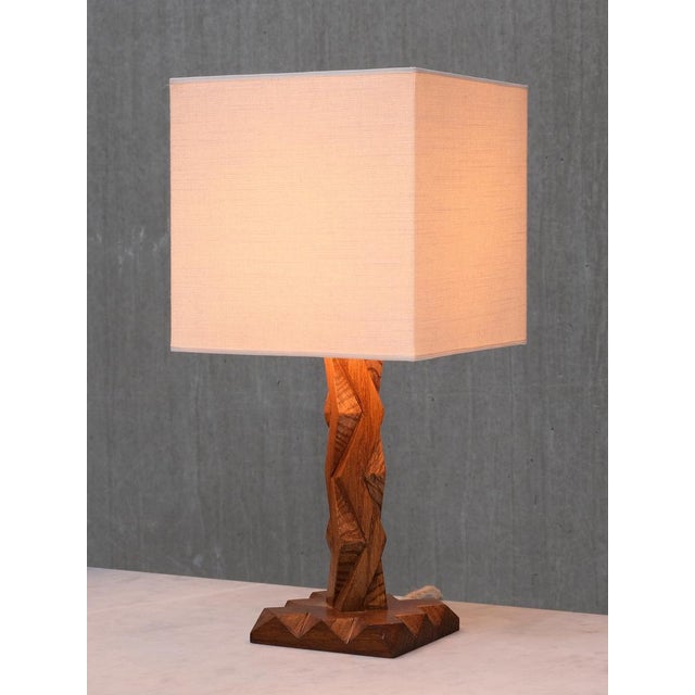 Brown French Art Deco Geometric Oak Table Lamp with Linen Shade, Late 1930s For Sale - Image 8 of 13