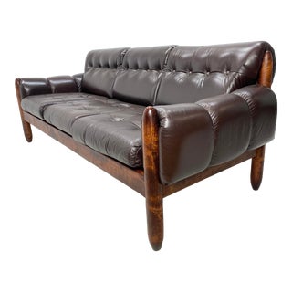 1970’s Leather Brazilian Sofa with Wood Frame For Sale