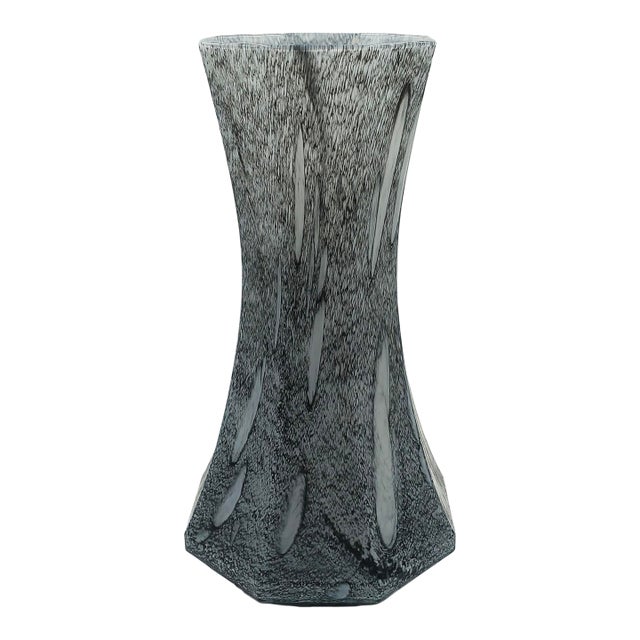 1970s Italian Murano Art Glass Vase, Octagonal, Grey/White Splatter Pattern For Sale