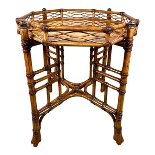 British Colonial Tortoise Shell & Rattan Hexagonal Side Tray Table by Tommy Bahama For Sale