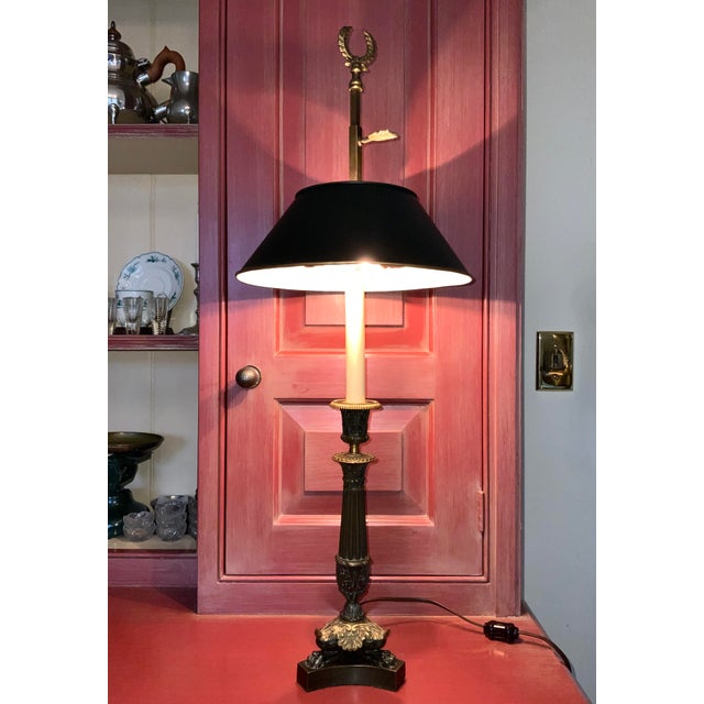 French Empire Patinated Bronze Tole Candlestick Lamp. Made in France. c. 1920 28" high 10 1/4" width at shade. Two Light...