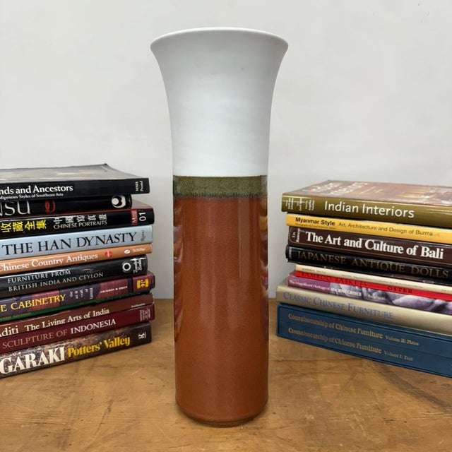 Rustic White and Copper Fluted Ceramic Vase with Olive Glaze Band For Sale - Image 3 of 9
