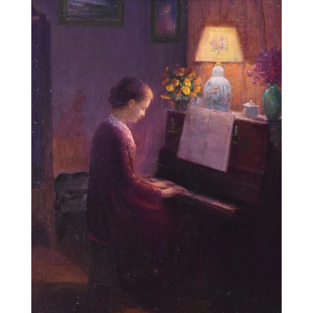 The Antique Woman Portrait Painting, Young Woman Playing the Piano, offered here is an oil painting on canvas, from the...