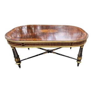 E. J. Victor Regency Style Ebonized and Parcel Gilt Marquetry Inlaid Coffee Table For Sale