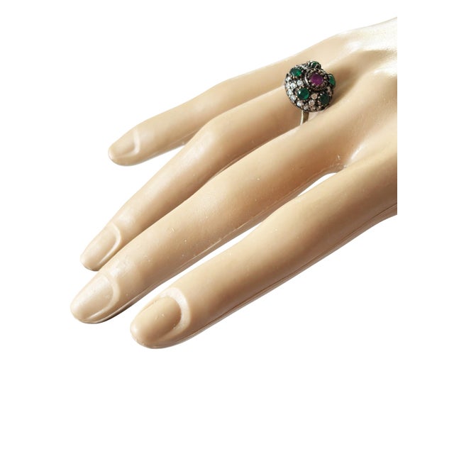 Vintage Natural Ruby, Emerald & Diamond Ring - 925 Sterling Silver Size 7 Jaipur For Sale - Image 4 of 10