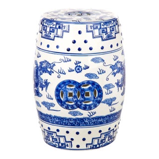 Dragon Breath Chinoiserie Garden Stool in Blue For Sale