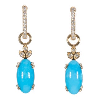 Convertible Sleeping Beauty Turquoise & Diamond Earrings: Solid 14k Gold, 12x6mm, Pair For Sale