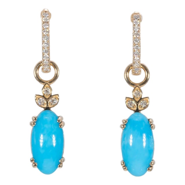 Convertible Sleeping Beauty Turquoise & Diamond Earrings: Solid 14k Gold, 12x6mm, Pair For Sale
