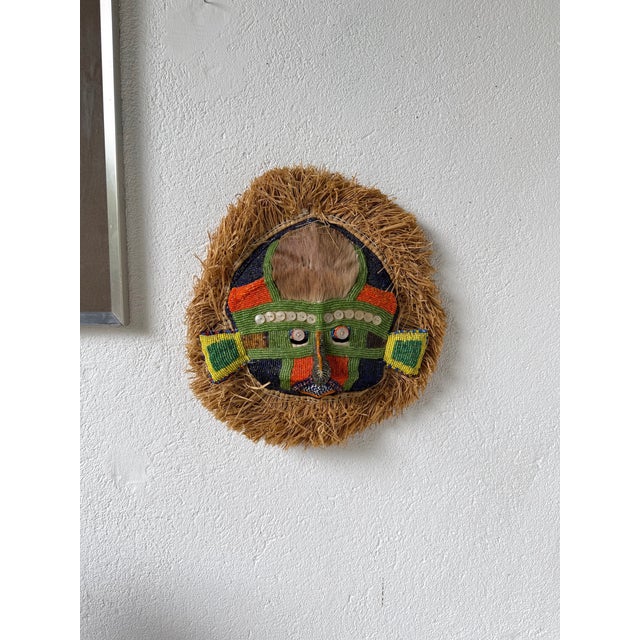 Textile Mask with Beads in Raffia and Leather, 1980s For Sale - Image 7 of 18