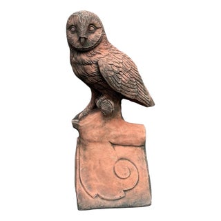 English Owl Garden Ornament in Aged Terracotta For Sale