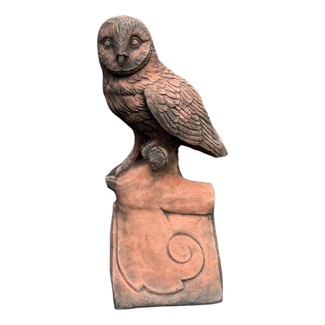 English Owl Garden Ornament in Aged Terracotta For Sale