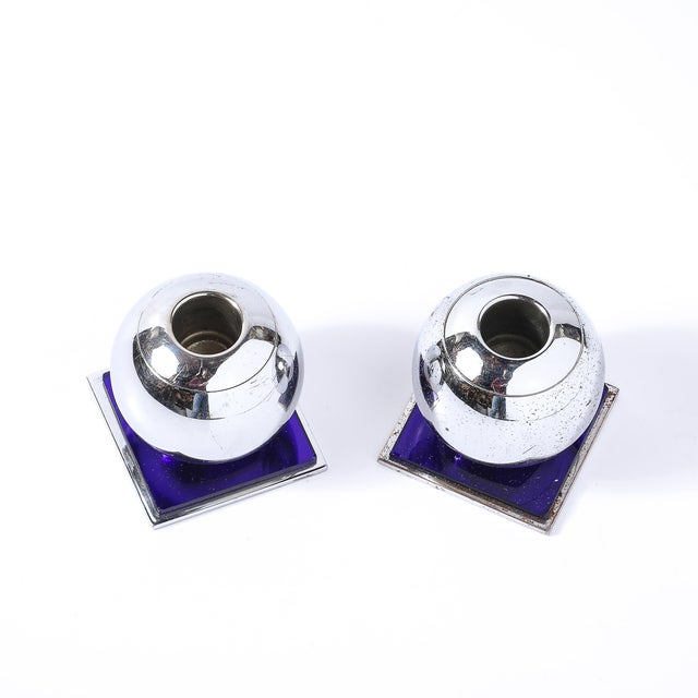 Art Deco Chrome & Cobalt Blue Glass Candleholders by Walter Von Nessen for Chase For Sale In New York - Image 6 of 13