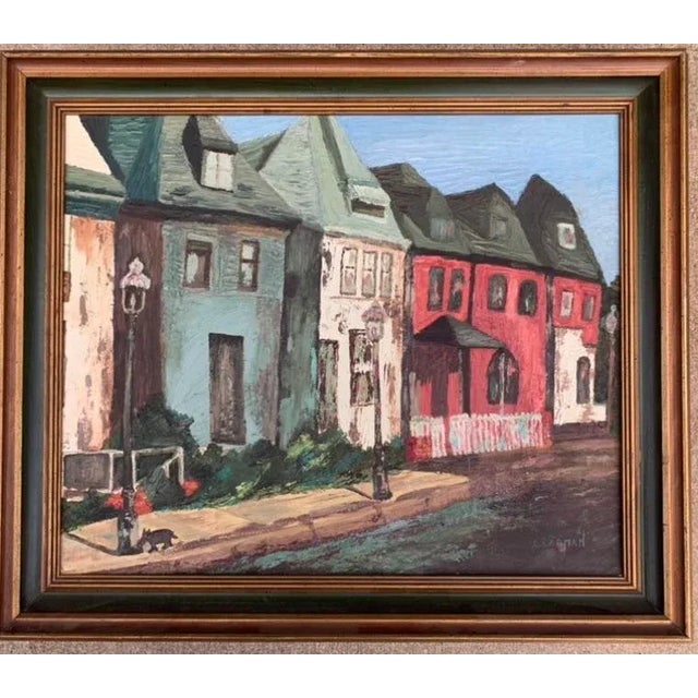 Textile Vintage 1940’s Original Oil Painting of a Street Scene With Black Dog For Sale - Image 7 of 7