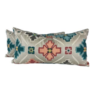 Osborne & Little "Tarbouche" in Stone/Teal/Blush 12"x22" Pillows-A Pair For Sale