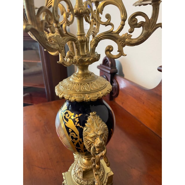 Gold Gilt Sevre's Style Cobalt Blue Candelabra Pair 19th Century French Louis XI Style For Sale - Image 9 of 14