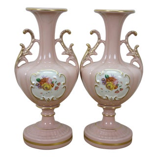 Mid 20th Century 2 St Regis American Porcelain Pink Floral Mantel Vases Trophy Urns 12" For Sale
