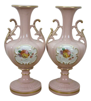 Mid 20th Century 2 St Regis American Porcelain Pink Floral Mantel Vases Trophy Urns 12"