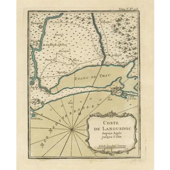 Antique Map of the Languedoc Coast Between Agde and Sète Cette, 1764 For Sale