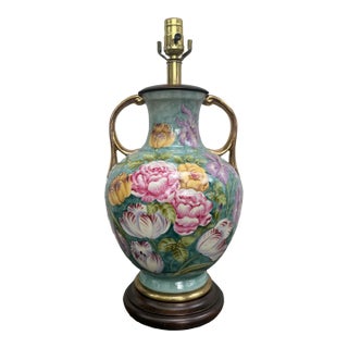 1980s Fredrick Cooper Hand Painted Floral Lamp Gilt Handles Roses Tulips Irises ChicagO For Sale