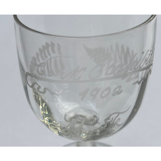 Traditional Clear 1902 Cork (Ireland) Exhibition Souvenir Etched Stemmed Glass- Rare For Sale - Image 3 of 14
