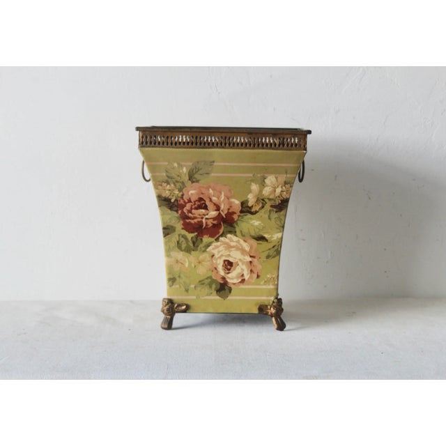 Yellow 19th Century French Style Sheet Metal Cachepot Wastebasket Planter Flowers Hoop Handles Footed Details Vintage For Sale - Image 8 of 14