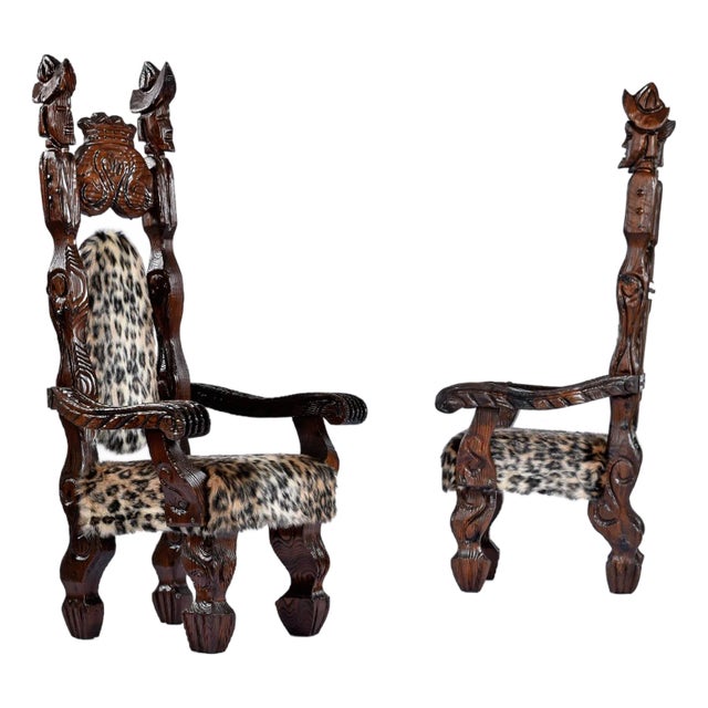 Pair of Restored Witco Conquistador Vintage Tiki Throne Chairs in New Faux Leopard Fur For Sale