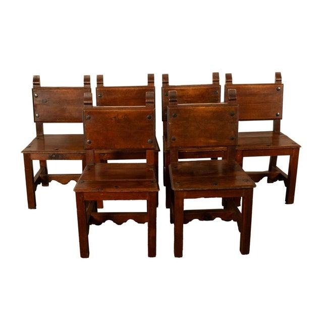 Antique Spanish Colonial Hacienda Walnut Talavera Tile Top Table Six Chairs 1890 For Sale - Image 16 of 17