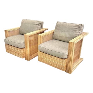 Vintage Sculptural Rattan and Cane Club Chairs After Jean-Michel Frank - A Pair For Sale