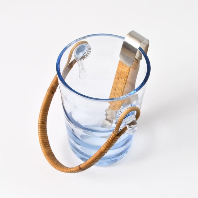 Wood Danish Blue Glass Ice Bucket with Tongs from Holmegaard, 1960s, Set of 2 For Sale - Image 7 of 12