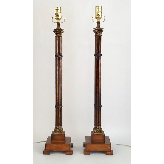 Metal Lamp Pair & Shades Faux Metal Bamboo Restored For Sale - Image 7 of 18